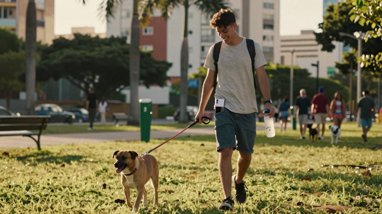 Rapaz a passear um cão num parque urbano durante o dia, com outras pessoas e edifícios ao fundo.