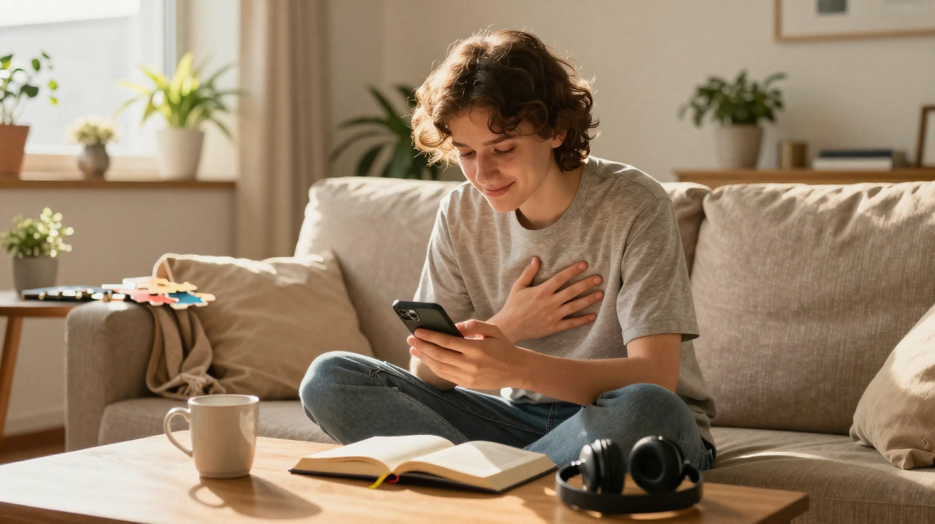 Jovem sentado no sofá a sorrir enquanto lê mensagem no telemóvel com mão no peito, mesa com livro e chá à frente.
