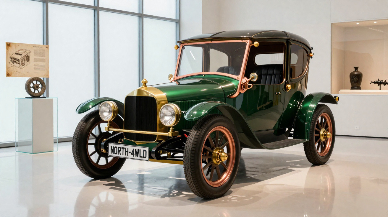 Carro antigo verde com detalhes dourados exposto num museu com chão branco e grandes janelas.