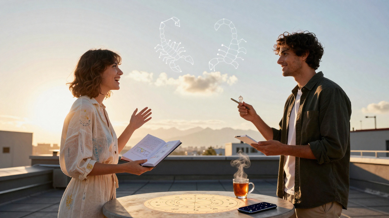 Duas pessoas a estudar signos do zodíaco ao pôr do sol com símbolos de escorpião no ar.