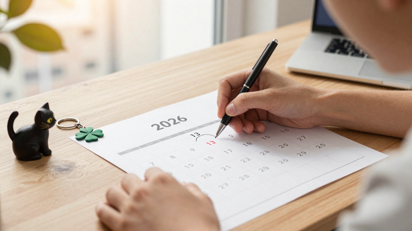 Pessoa assinala o dia 13 de um calendário de 2026 sobre uma secretária com gato preto e trevo da sorte.