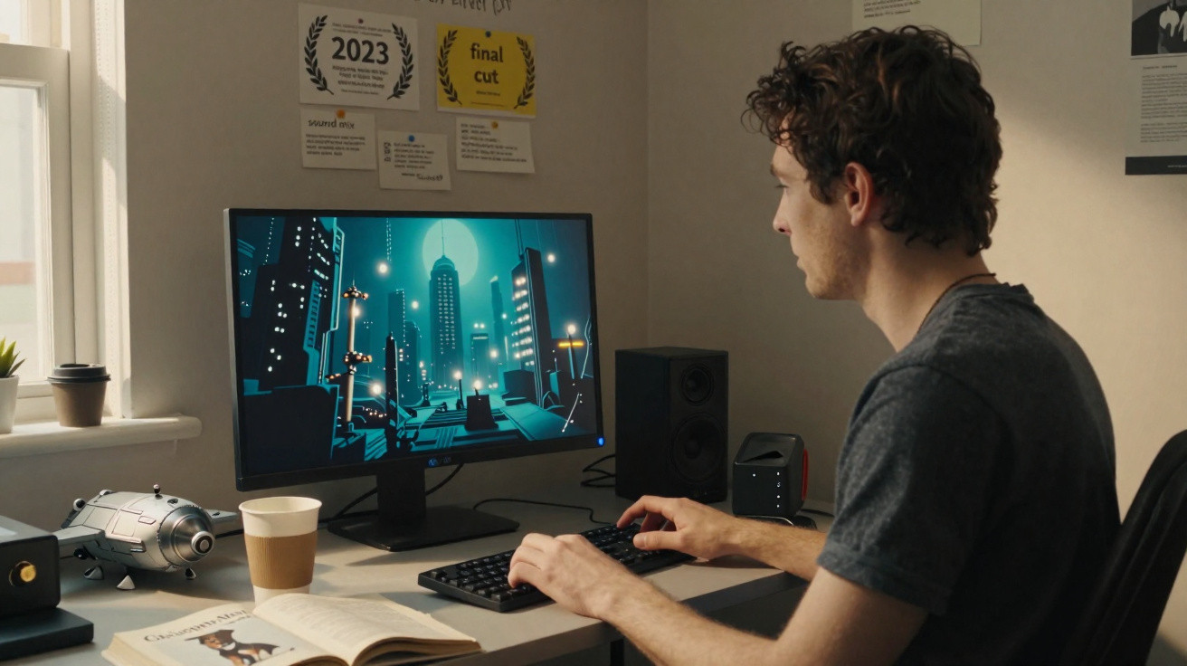 Homem a trabalhar num computador com ambiente urbano futurista no ecrã, escritório organizado e livros.
