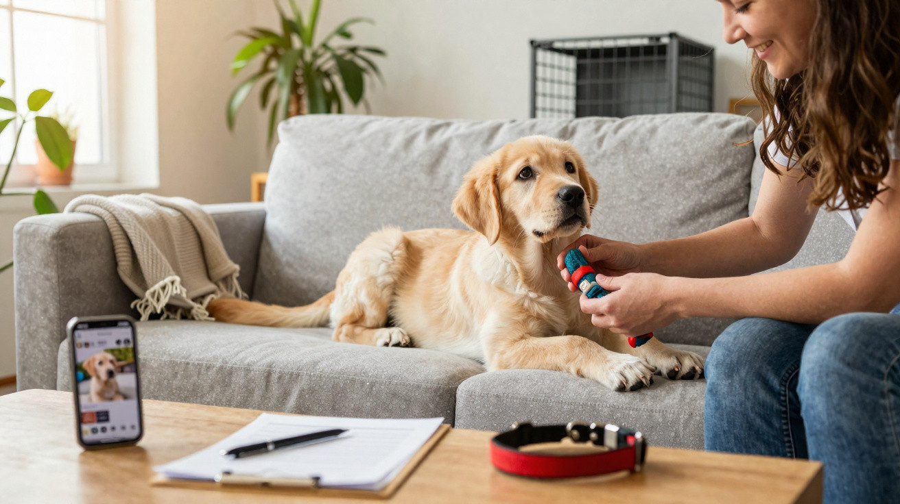 Mulher a brincar com cão dourado no sofá, com trela e telemóvel na mesa à frente.