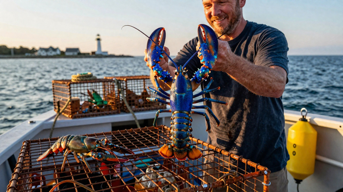 Pescador a bordo de um barco a segurar uma lagosta azul acima de armadilhas de lagosta no mar.