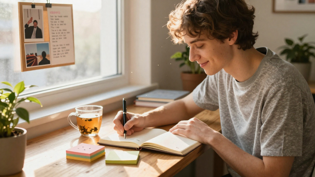 Jovem sentado junto à janela, a escrever num caderno com chá e post-its numa secretária de madeira.