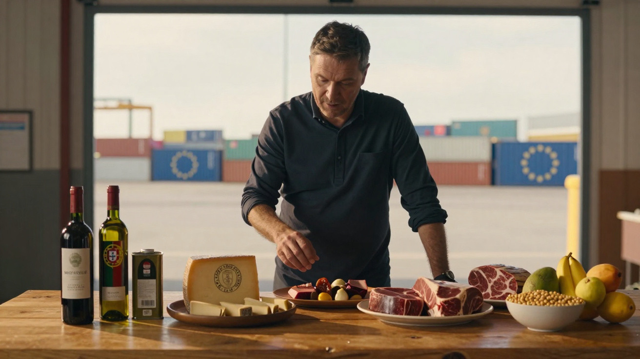 Homem a preparar tábua com queijos, enchidos, carnes, frutas e garrafas de vinho sobre mesa de madeira.