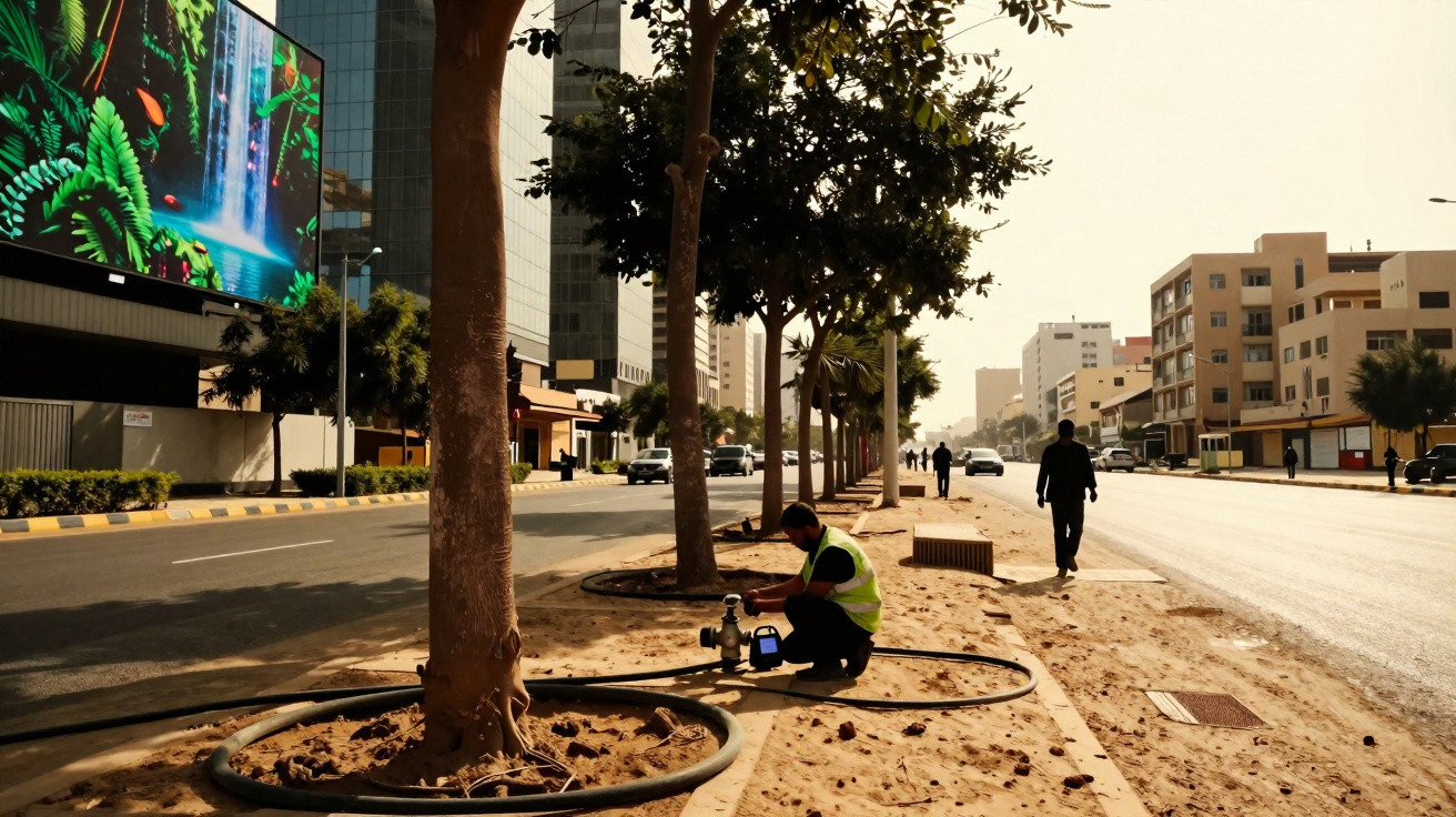 Trabalhador com colete amarelo instala equipamento junto a árvores numa avenida urbana com edifícios e pessoas.