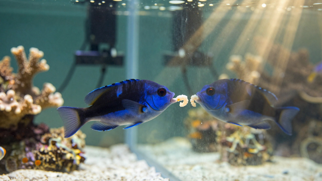 Peixe azul a interagir com o seu reflexo num aquário com coral e areia no fundo.