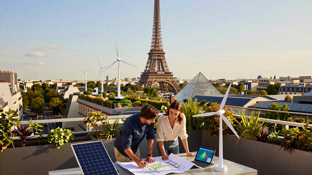 Duas pessoas analisam projetos sustentáveis com turbinas e painel solar, Torre Eiffel ao fundo num terraço em Paris.
