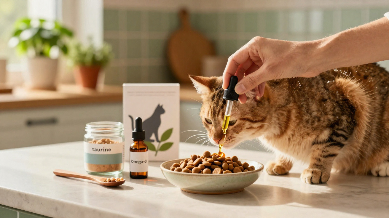 Gato a comer ração com gotas de suplemento nutricional a serem adicionadas num prato na cozinha.