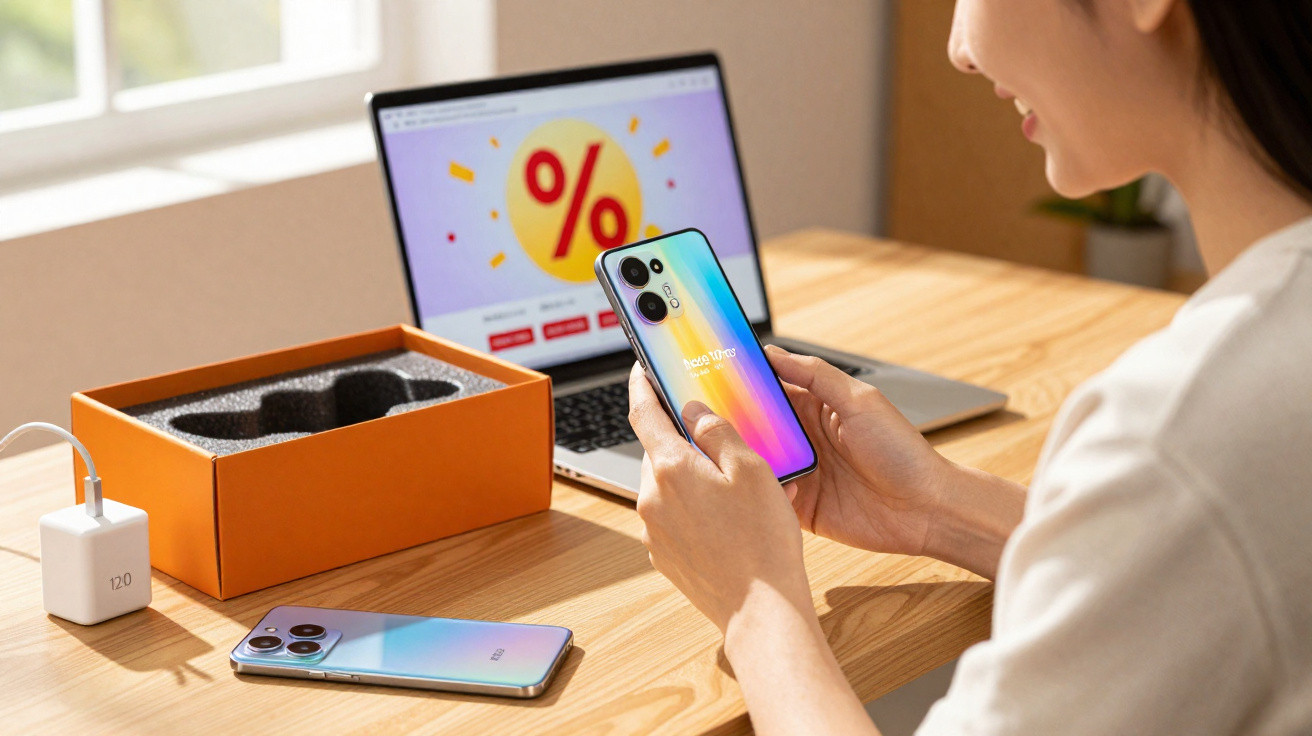 Pessoa a segurar um smartphone colorido junto a um portátil com oferta de desconto na tela e caixa aberta na mesa.