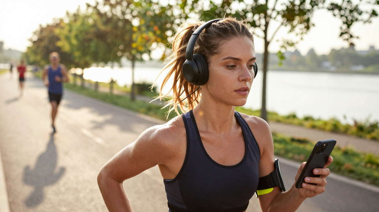 Mulher a correr ao ar livre perto de um rio, a usar auscultadores e a olhar para o telemóvel.
