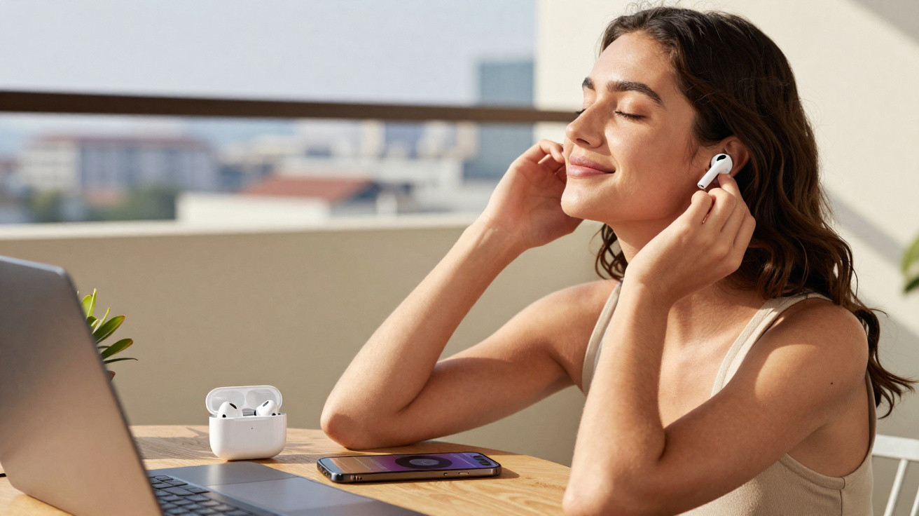 Mulher sentada na varanda a ouvir música com auriculares wireless e laptop aberto à sua frente.