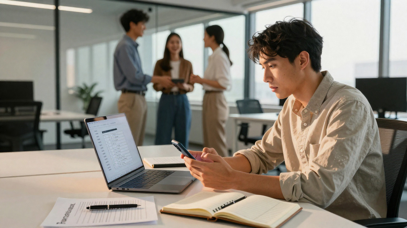 Jovem sentado a usar telemóvel à frente de portátil numa mesa, com três colegas a conversar ao fundo no escritório.