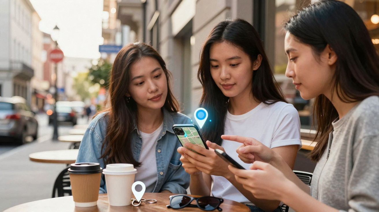 Três mulheres sentadas numa esplanada a olhar para telemóveis e a usar aplicativo de mapas.