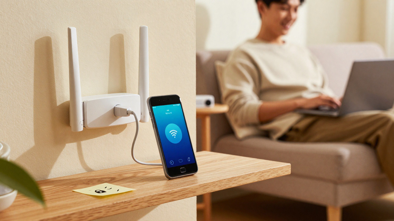 Roteador Wi-Fi com smartphone ligado e homem a usar portátil no sofá ao fundo numa sala iluminada.