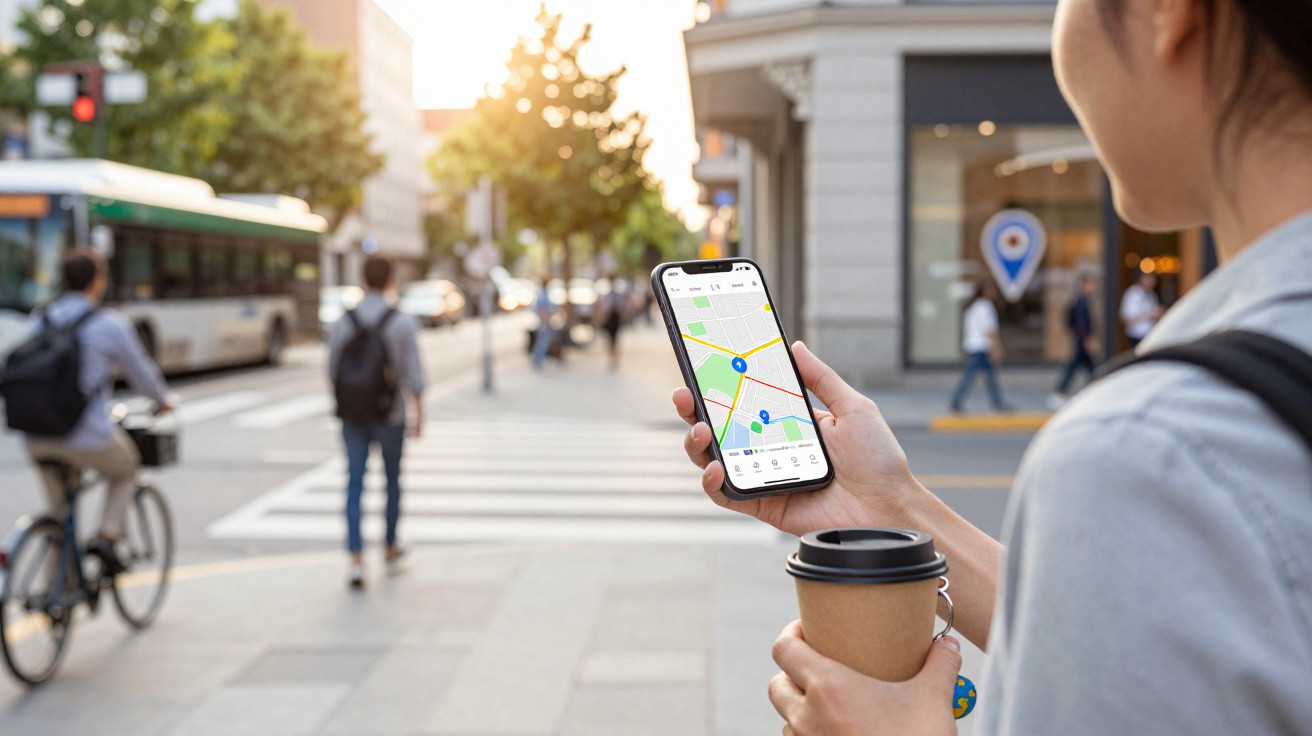 Pessoa a segurar telemóvel com mapa digital e café num passeio urbano com ciclista e peões ao fundo.