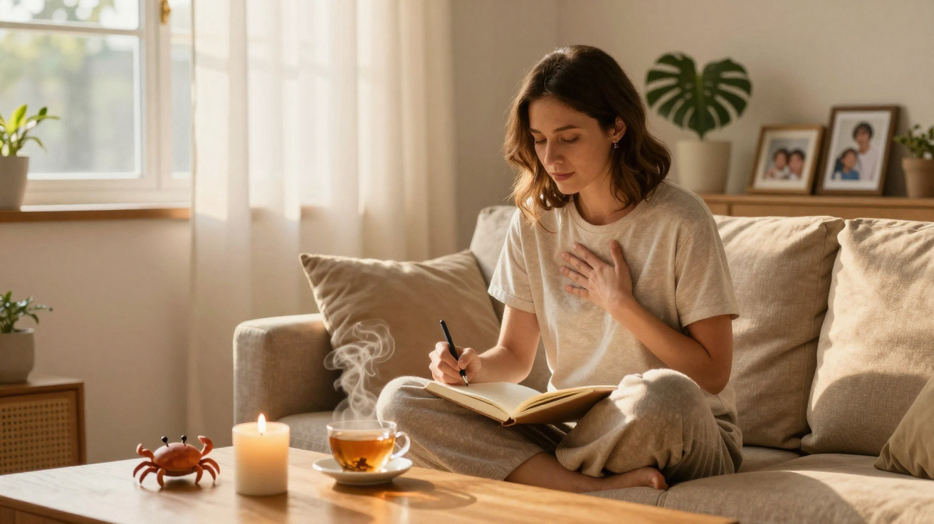 Mulher sentada no sofá a escrever num caderno, com chá quente, vela acesa e decoração confortável.