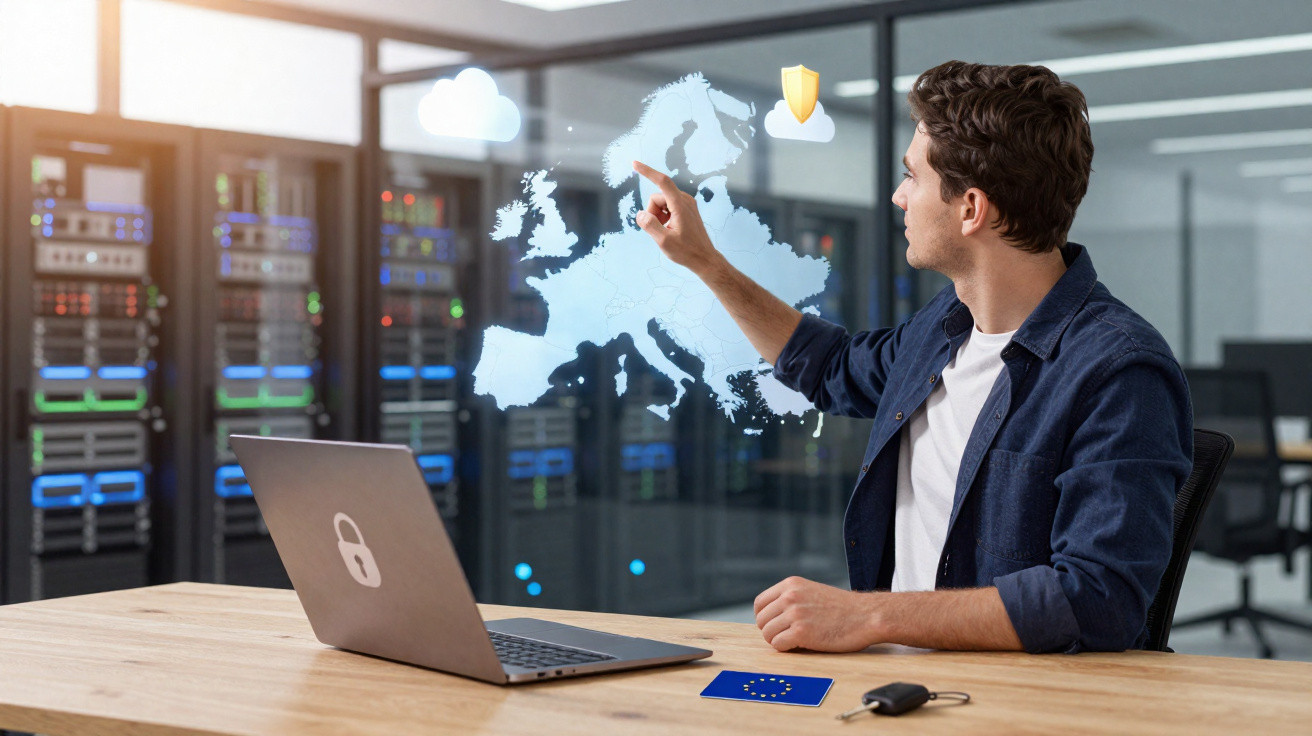 Homem a interagir com mapa digital da Europa em escritório tecnológico, com portátil e servidores ao fundo.