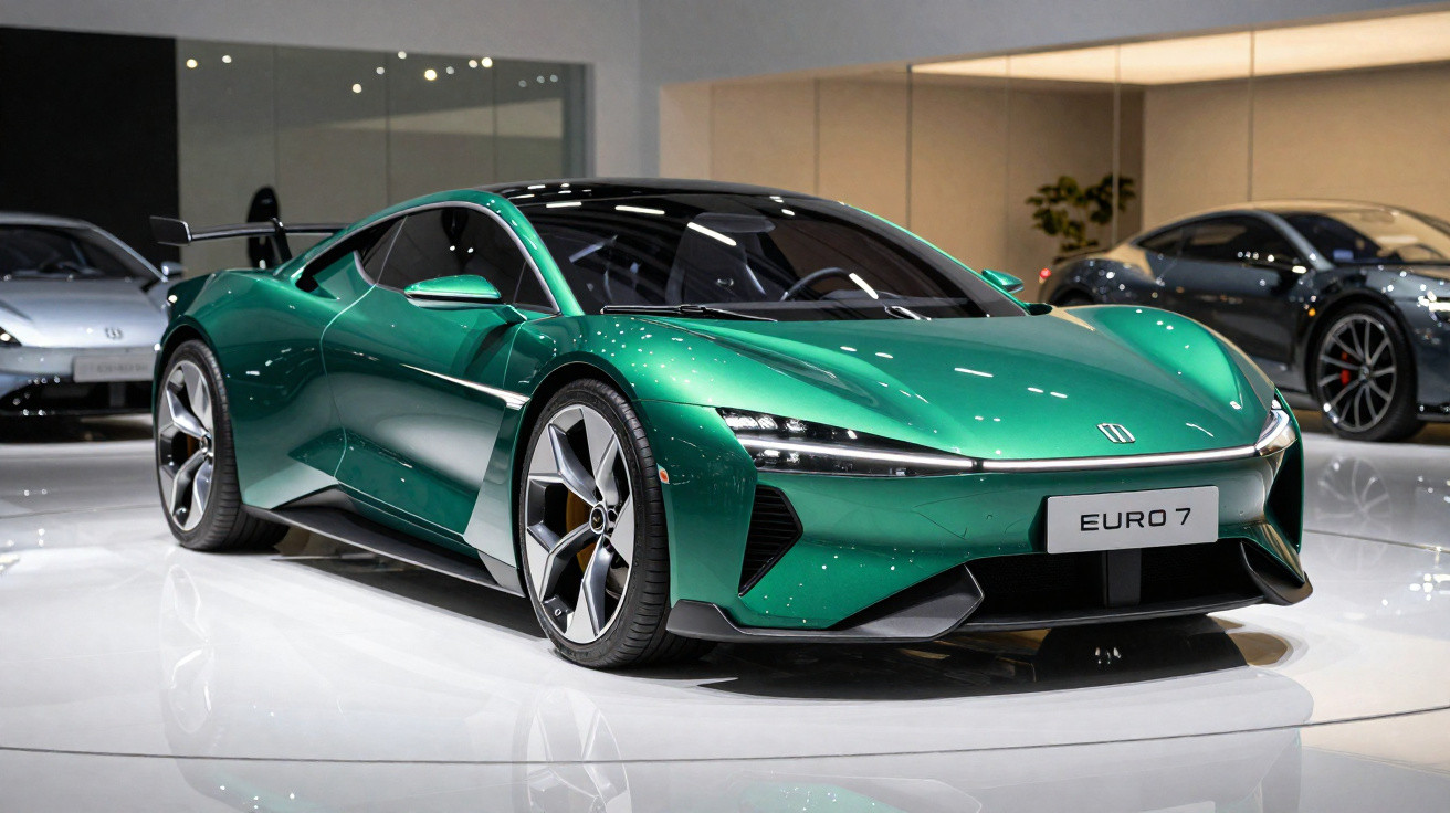 Carro desportivo moderno verde metálico com faróis LED finos, rodas grandes e tabuleiro branco brilhante no salão.